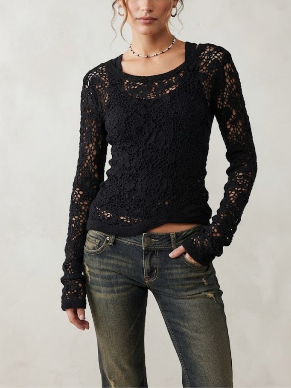Y2K Knit Black Crochet Long-Sleeve Fitted Shirt Grunge Gothic Top Size Small